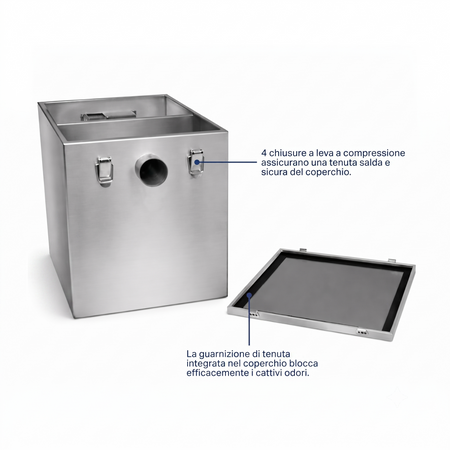 Chiusure a leva e guarnizione di tenuta del coperchio, degrassatore inox 60L