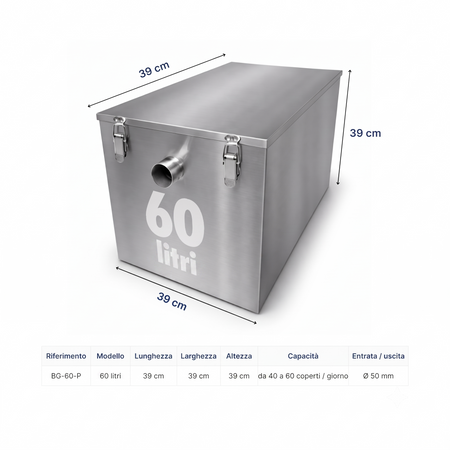 Dimensioni del degrassatore inox 60 litri